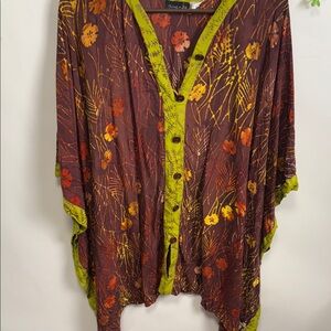 Bohemian Floral Button-Down Shirt with Green Accents